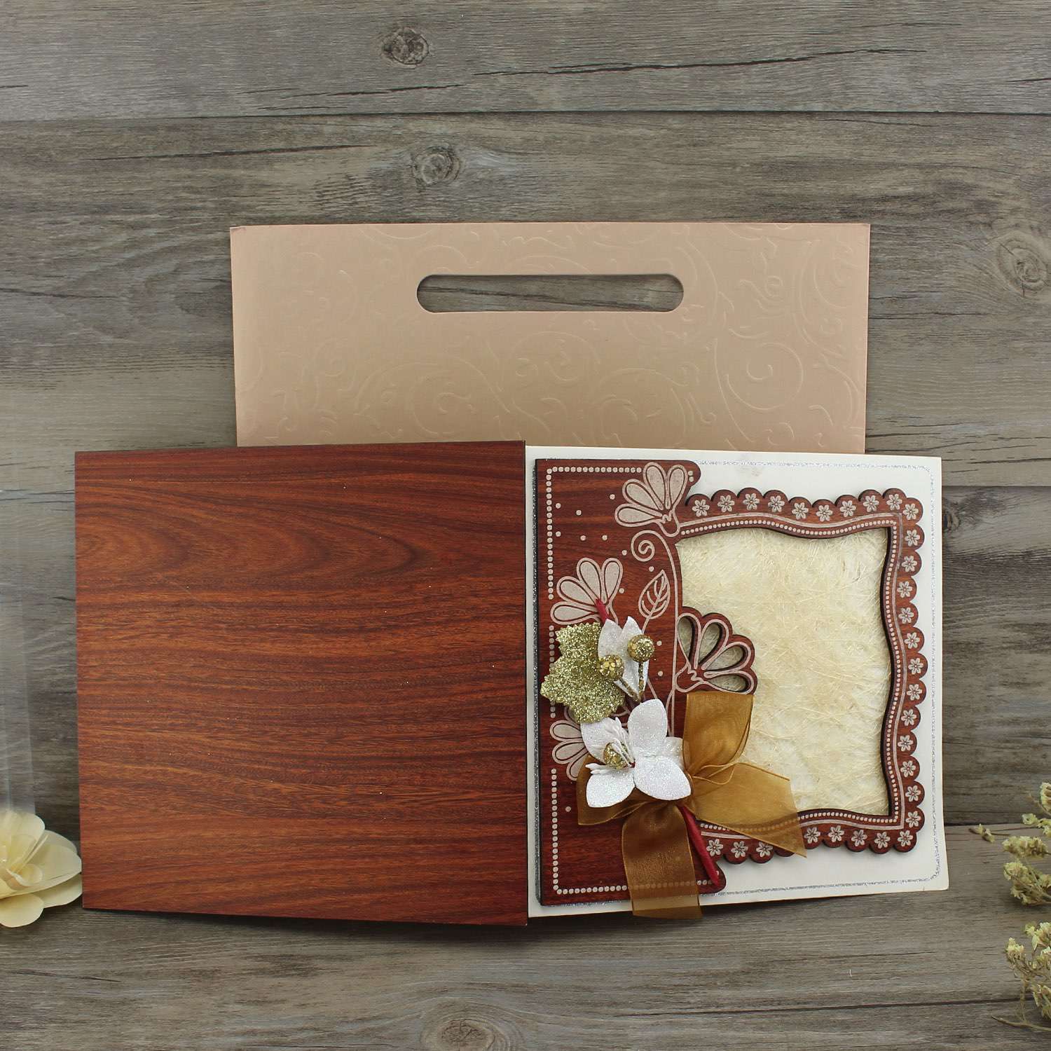 Delicate Wooden Invitation Card With Butterfly Bow Wedding Invitation Card with Hand Bag